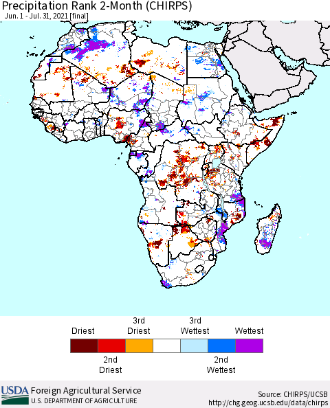 Africa Precipitation Rank 2-Month (CHIRPS) Thematic Map For 6/1/2021 - 7/31/2021