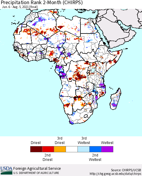 Africa Precipitation Rank 2-Month (CHIRPS) Thematic Map For 6/6/2021 - 8/5/2021