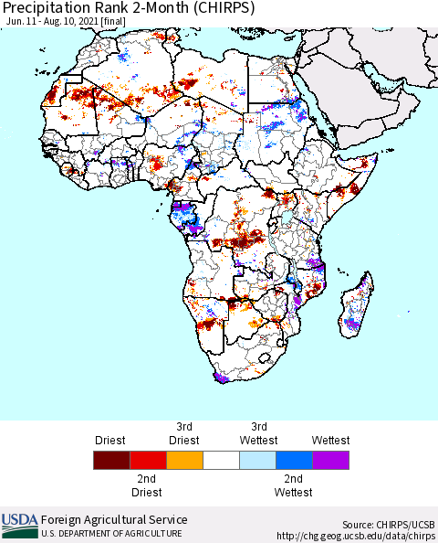 Africa Precipitation Rank 2-Month (CHIRPS) Thematic Map For 6/11/2021 - 8/10/2021
