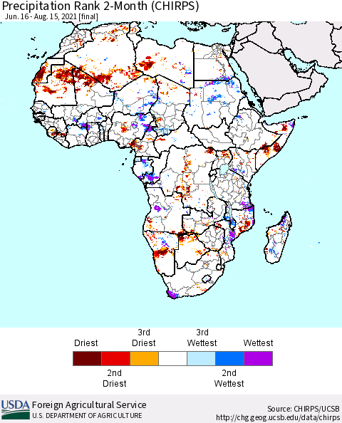Africa Precipitation Rank since 1981, 2-Month (CHIRPS) Thematic Map For 6/16/2021 - 8/15/2021