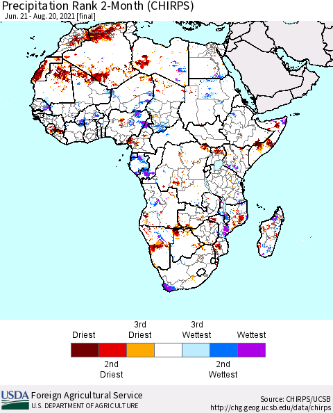 Africa Precipitation Rank 2-Month (CHIRPS) Thematic Map For 6/21/2021 - 8/20/2021