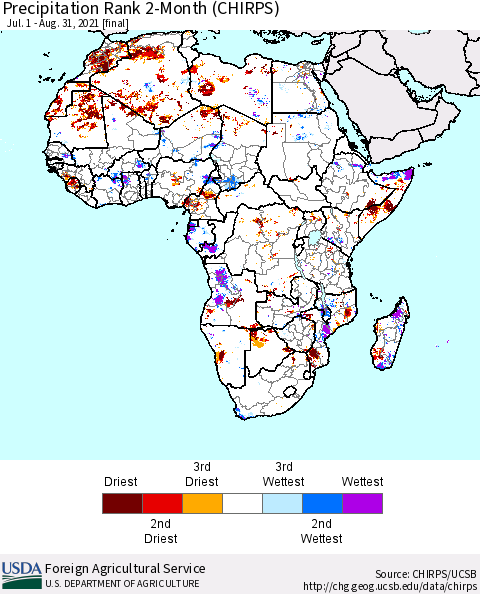 Africa Precipitation Rank 2-Month (CHIRPS) Thematic Map For 7/1/2021 - 8/31/2021