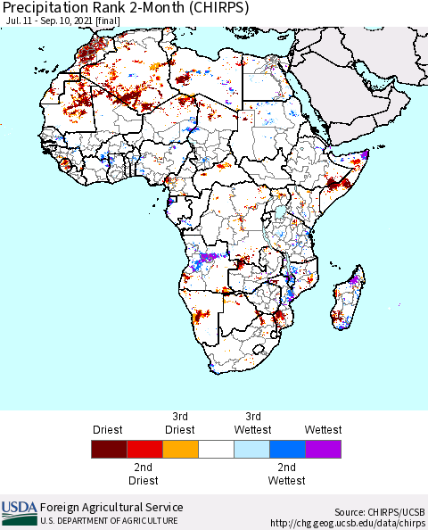 Africa Precipitation Rank 2-Month (CHIRPS) Thematic Map For 7/11/2021 - 9/10/2021