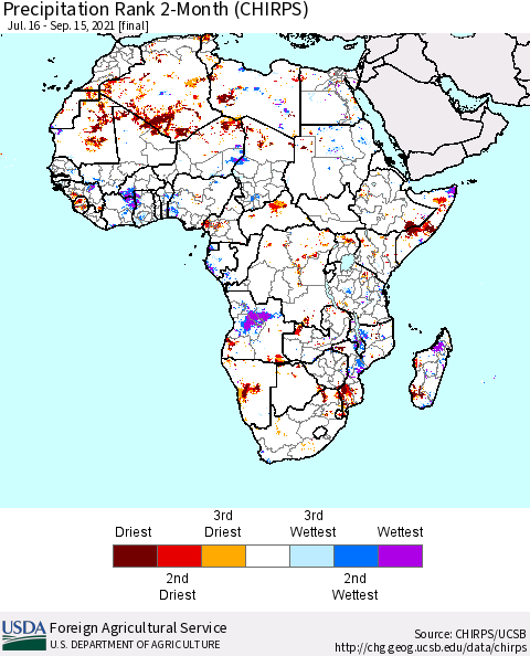 Africa Precipitation Rank 2-Month (CHIRPS) Thematic Map For 7/16/2021 - 9/15/2021