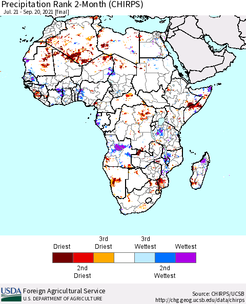 Africa Precipitation Rank 2-Month (CHIRPS) Thematic Map For 7/21/2021 - 9/20/2021