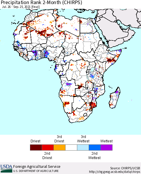 Africa Precipitation Rank 2-Month (CHIRPS) Thematic Map For 7/26/2021 - 9/25/2021