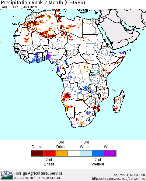 Africa Precipitation Rank since 1981, 2-Month (CHIRPS) Thematic Map For 8/6/2021 - 10/5/2021