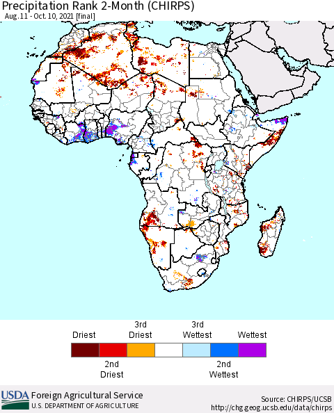Africa Precipitation Rank 2-Month (CHIRPS) Thematic Map For 8/11/2021 - 10/10/2021