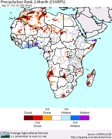 Africa Precipitation Rank since 1981, 2-Month (CHIRPS) Thematic Map For 8/21/2021 - 10/20/2021