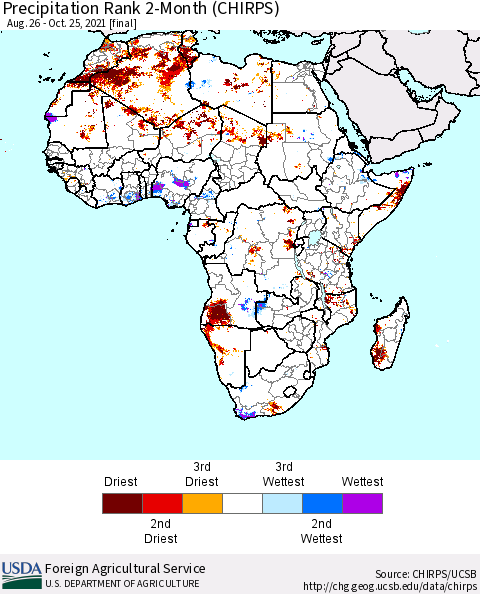 Africa Precipitation Rank 2-Month (CHIRPS) Thematic Map For 8/26/2021 - 10/25/2021