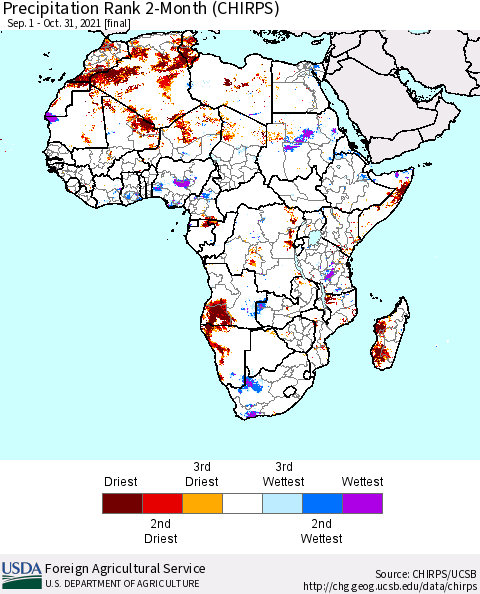 Africa Precipitation Rank 2-Month (CHIRPS) Thematic Map For 9/1/2021 - 10/31/2021
