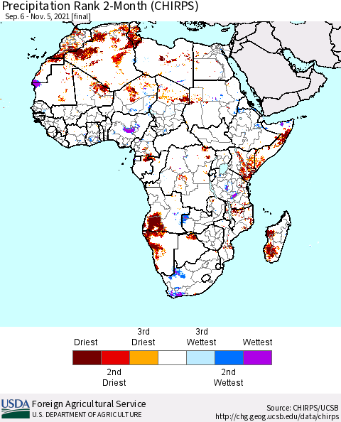 Africa Precipitation Rank 2-Month (CHIRPS) Thematic Map For 9/6/2021 - 11/5/2021