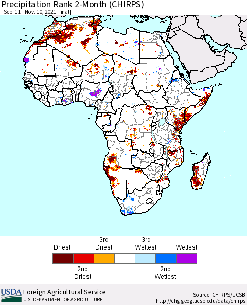 Africa Precipitation Rank 2-Month (CHIRPS) Thematic Map For 9/11/2021 - 11/10/2021