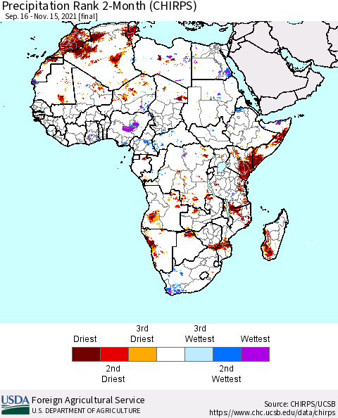 Africa Precipitation Rank 2-Month (CHIRPS) Thematic Map For 9/16/2021 - 11/15/2021