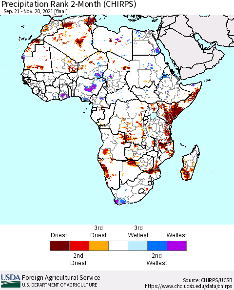 Africa Precipitation Rank since 1981, 2-Month (CHIRPS) Thematic Map For 9/21/2021 - 11/20/2021