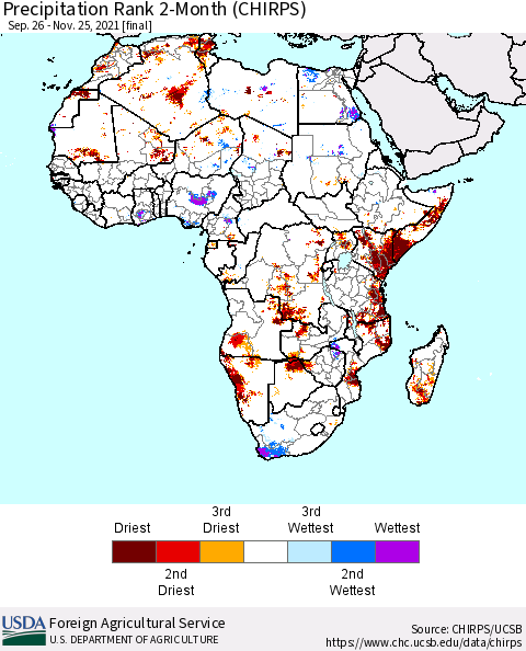 Africa Precipitation Rank 2-Month (CHIRPS) Thematic Map For 9/26/2021 - 11/25/2021