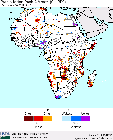 Africa Precipitation Rank 2-Month (CHIRPS) Thematic Map For 10/1/2021 - 11/30/2021