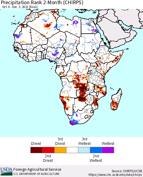 Africa Precipitation Rank 2-Month (CHIRPS) Thematic Map For 10/6/2021 - 12/5/2021