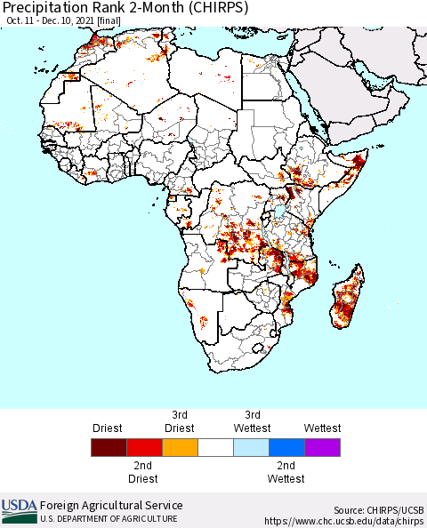 Africa Precipitation Rank 2-Month (CHIRPS) Thematic Map For 10/11/2021 - 12/10/2021
