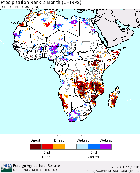Africa Precipitation Rank since 1981, 2-Month (CHIRPS) Thematic Map For 10/16/2021 - 12/15/2021