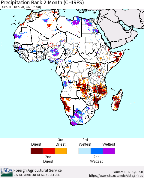 Africa Precipitation Rank 2-Month (CHIRPS) Thematic Map For 10/21/2021 - 12/20/2021