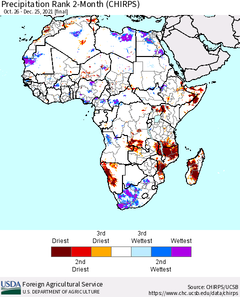 Africa Precipitation Rank 2-Month (CHIRPS) Thematic Map For 10/26/2021 - 12/25/2021