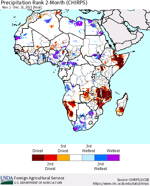 Africa Precipitation Rank 2-Month (CHIRPS) Thematic Map For 11/1/2021 - 12/31/2021