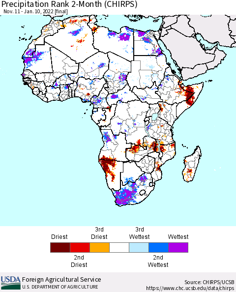 Africa Precipitation Rank 2-Month (CHIRPS) Thematic Map For 11/11/2021 - 1/10/2022