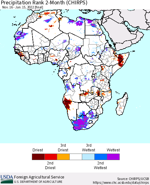 Africa Precipitation Rank 2-Month (CHIRPS) Thematic Map For 11/16/2021 - 1/15/2022