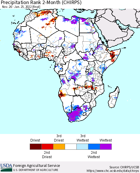 Africa Precipitation Rank 2-Month (CHIRPS) Thematic Map For 11/26/2021 - 1/25/2022