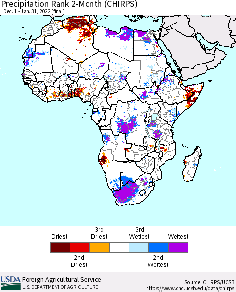 Africa Precipitation Rank since 1981, 2-Month (CHIRPS) Thematic Map For 12/1/2021 - 1/31/2022