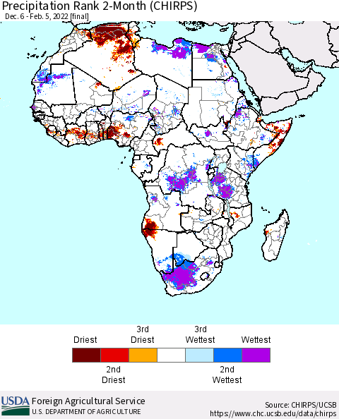 Africa Precipitation Rank since 1981, 2-Month (CHIRPS) Thematic Map For 12/6/2021 - 2/5/2022