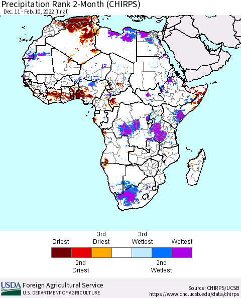Africa Precipitation Rank 2-Month (CHIRPS) Thematic Map For 12/11/2021 - 2/10/2022