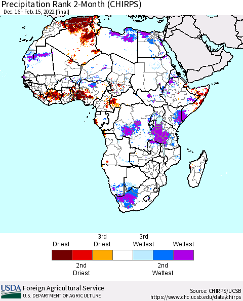 Africa Precipitation Rank 2-Month (CHIRPS) Thematic Map For 12/16/2021 - 2/15/2022