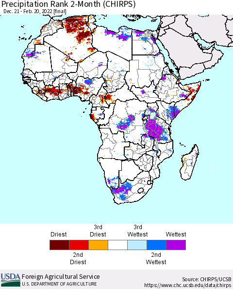Africa Precipitation Rank since 1981, 2-Month (CHIRPS) Thematic Map For 12/21/2021 - 2/20/2022