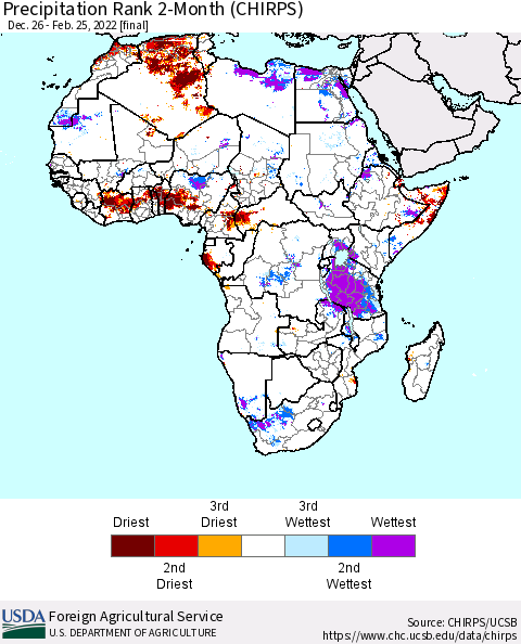 Africa Precipitation Rank 2-Month (CHIRPS) Thematic Map For 12/26/2021 - 2/25/2022