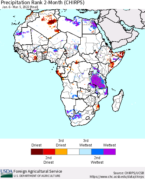 Africa Precipitation Rank 2-Month (CHIRPS) Thematic Map For 1/6/2022 - 3/5/2022
