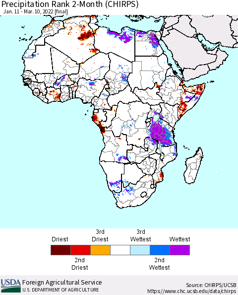 Africa Precipitation Rank 2-Month (CHIRPS) Thematic Map For 1/11/2022 - 3/10/2022