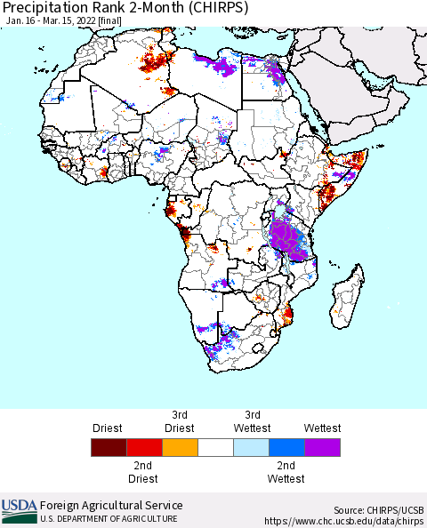 Africa Precipitation Rank since 1981, 2-Month (CHIRPS) Thematic Map For 1/16/2022 - 3/15/2022