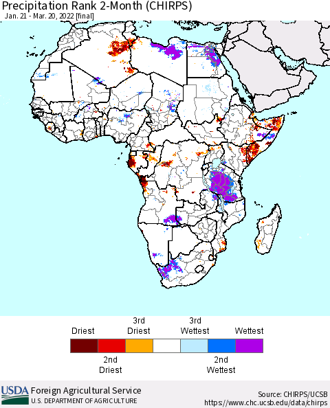 Africa Precipitation Rank since 1981, 2-Month (CHIRPS) Thematic Map For 1/21/2022 - 3/20/2022