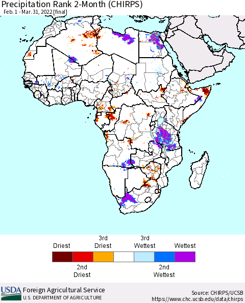 Africa Precipitation Rank 2-Month (CHIRPS) Thematic Map For 2/1/2022 - 3/31/2022