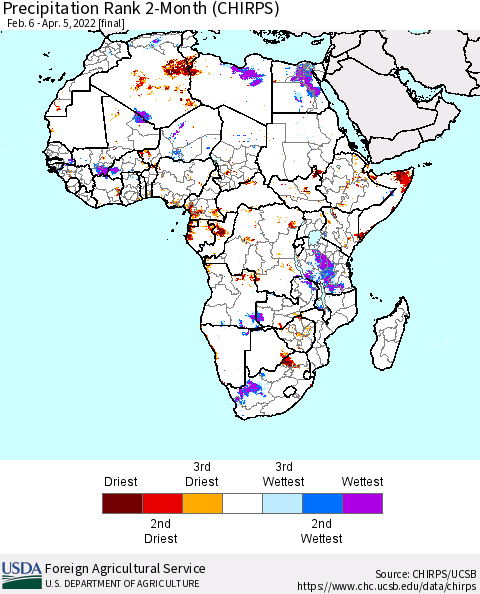 Africa Precipitation Rank 2-Month (CHIRPS) Thematic Map For 2/6/2022 - 4/5/2022