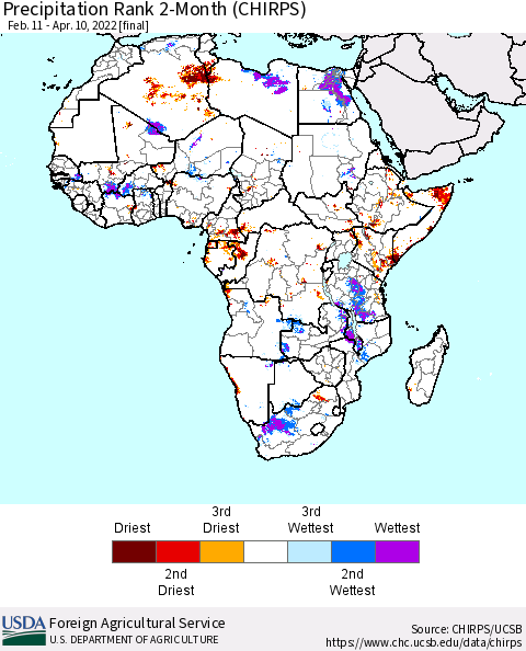 Africa Precipitation Rank since 1981, 2-Month (CHIRPS) Thematic Map For 2/11/2022 - 4/10/2022