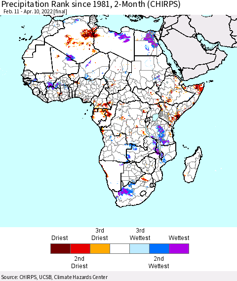 Africa Precipitation Rank since 1981, 2-Month (CHIRPS) Thematic Map For 2/11/2022 - 4/10/2022