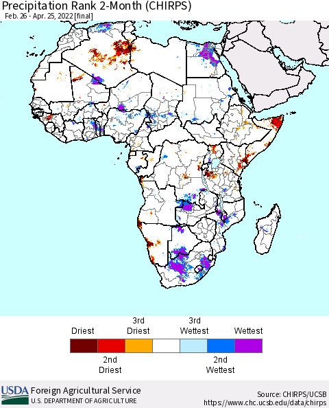 Africa Precipitation Rank 2-Month (CHIRPS) Thematic Map For 2/26/2022 - 4/25/2022