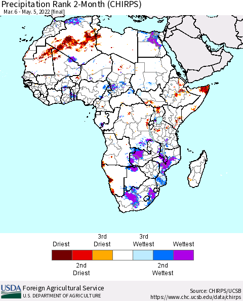 Africa Precipitation Rank 2-Month (CHIRPS) Thematic Map For 3/6/2022 - 5/5/2022