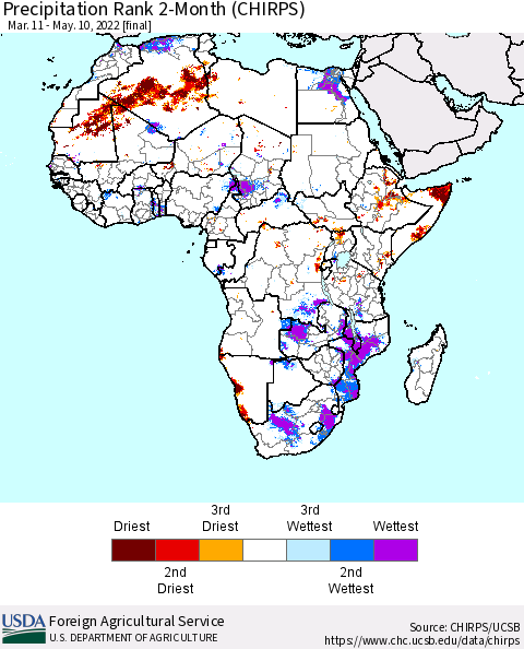Africa Precipitation Rank 2-Month (CHIRPS) Thematic Map For 3/11/2022 - 5/10/2022