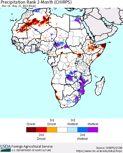 Africa Precipitation Rank 2-Month (CHIRPS) Thematic Map For 3/16/2022 - 5/15/2022