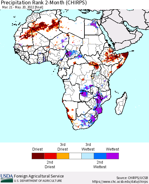 Africa Precipitation Rank since 1981, 2-Month (CHIRPS) Thematic Map For 3/21/2022 - 5/20/2022