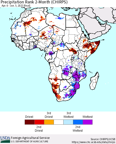 Africa Precipitation Rank 2-Month (CHIRPS) Thematic Map For 4/6/2022 - 6/5/2022